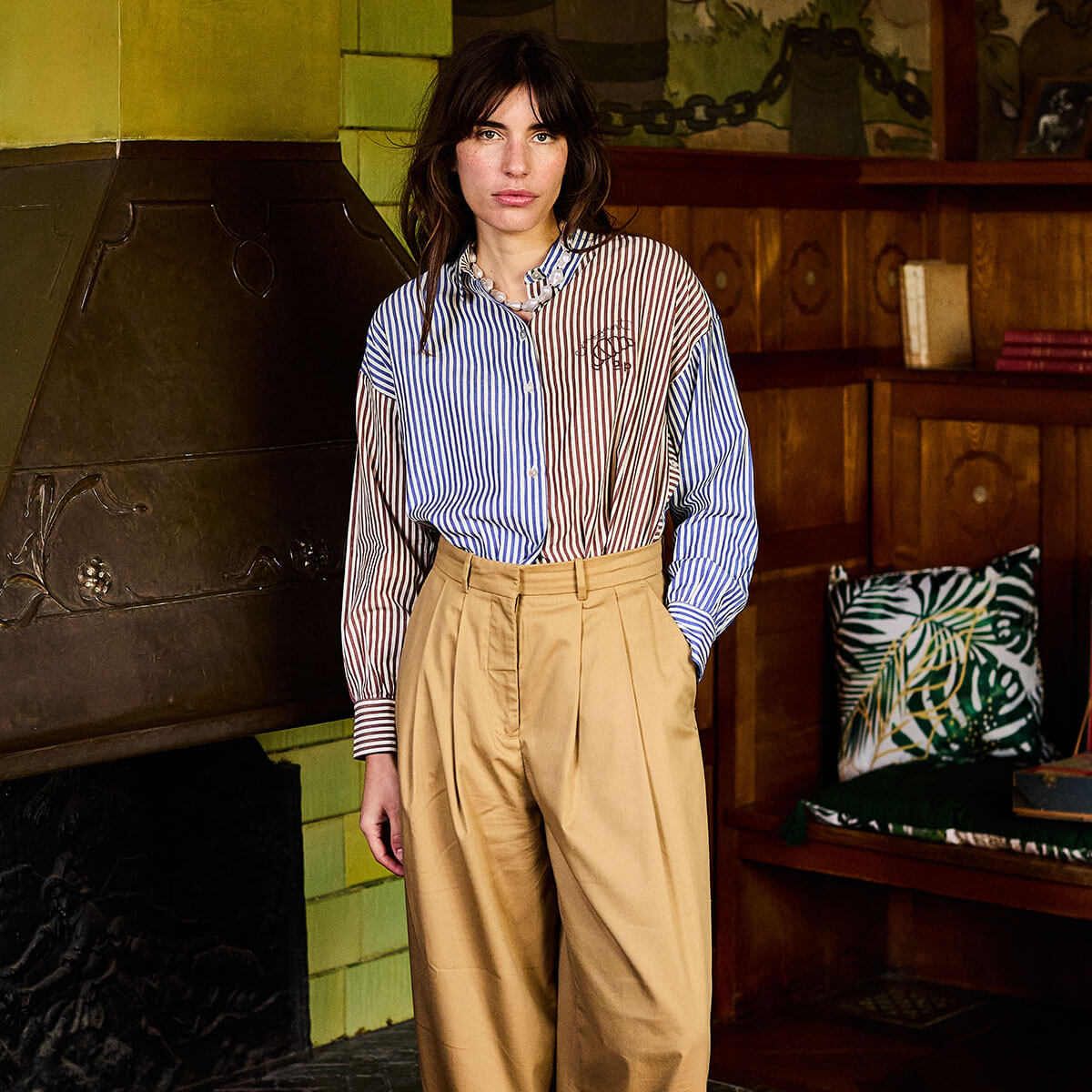 Two Tone Striped Shirt in Cobalt / Brown by A.P Womenswear