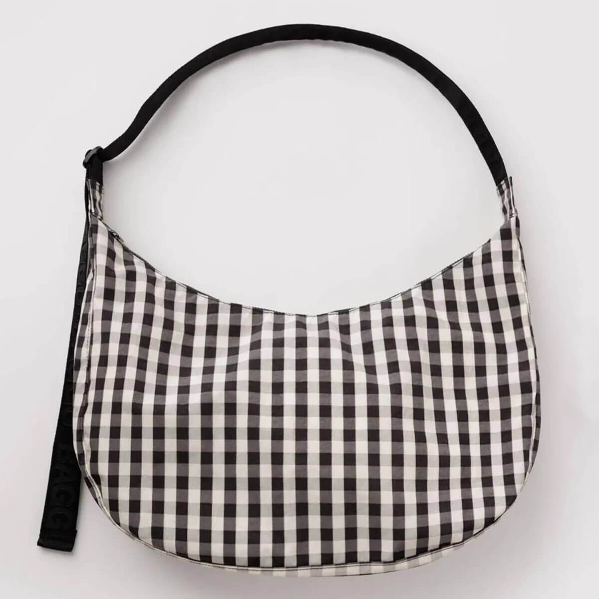 Large Nylon Crescent Bag in Black And Cream Gingham by Baggu
