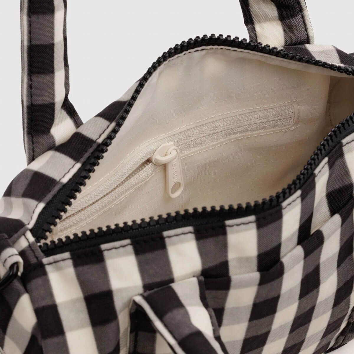 Small Nylon Duffle Bag in Black And Cream Gingham by Baggu