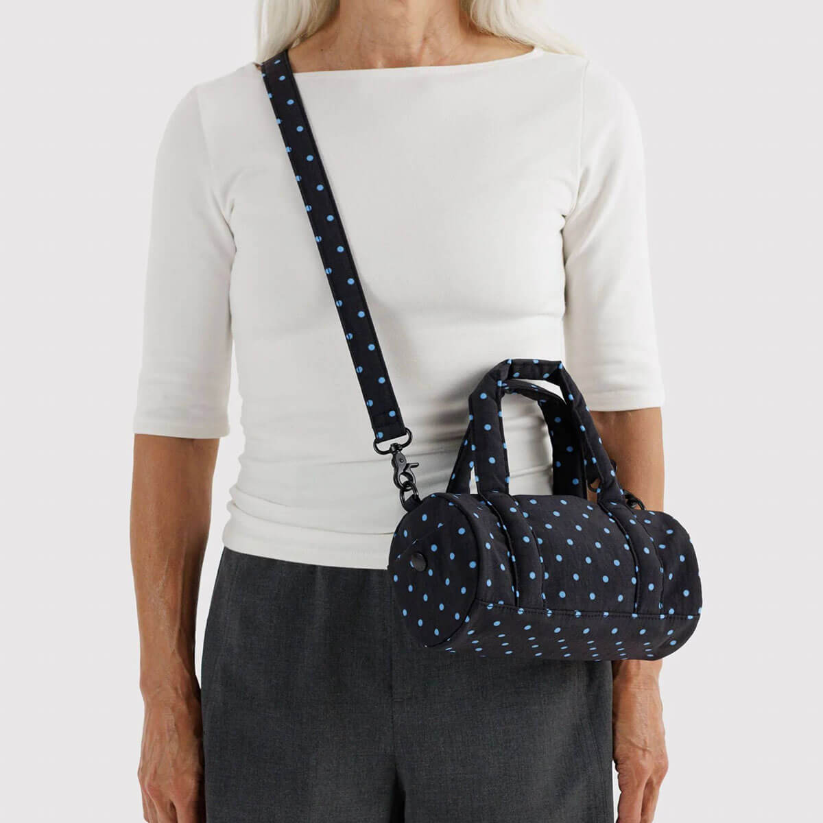 Small Nylon Duffle Bag in Black And Sky Blue Micro Dot by Baggu