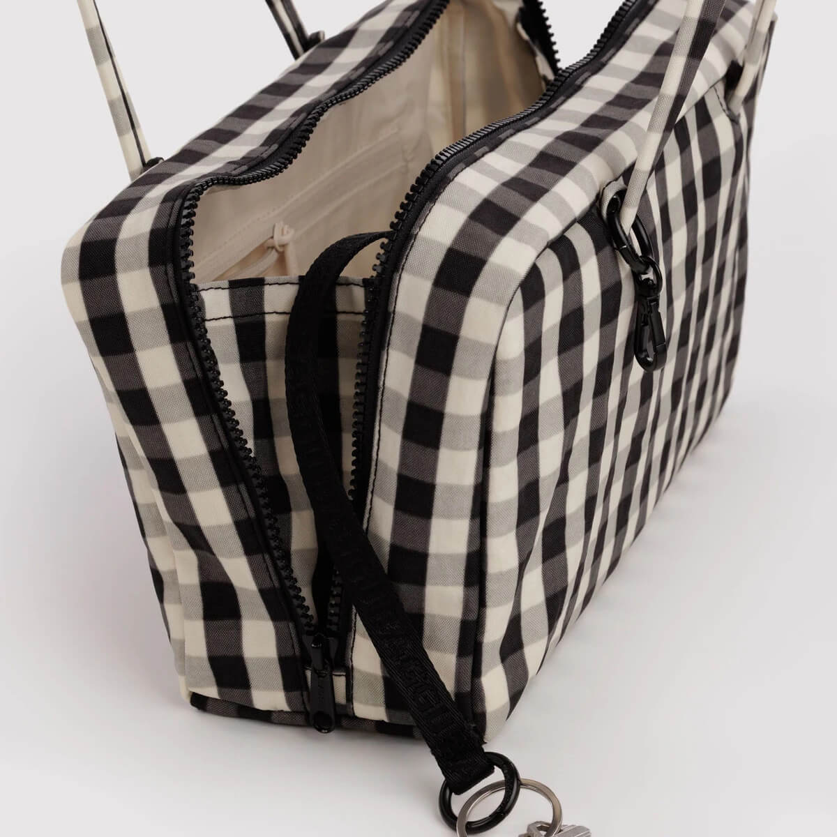 Nylon Bowler Bag in Black and Cream Gingham by Baggu