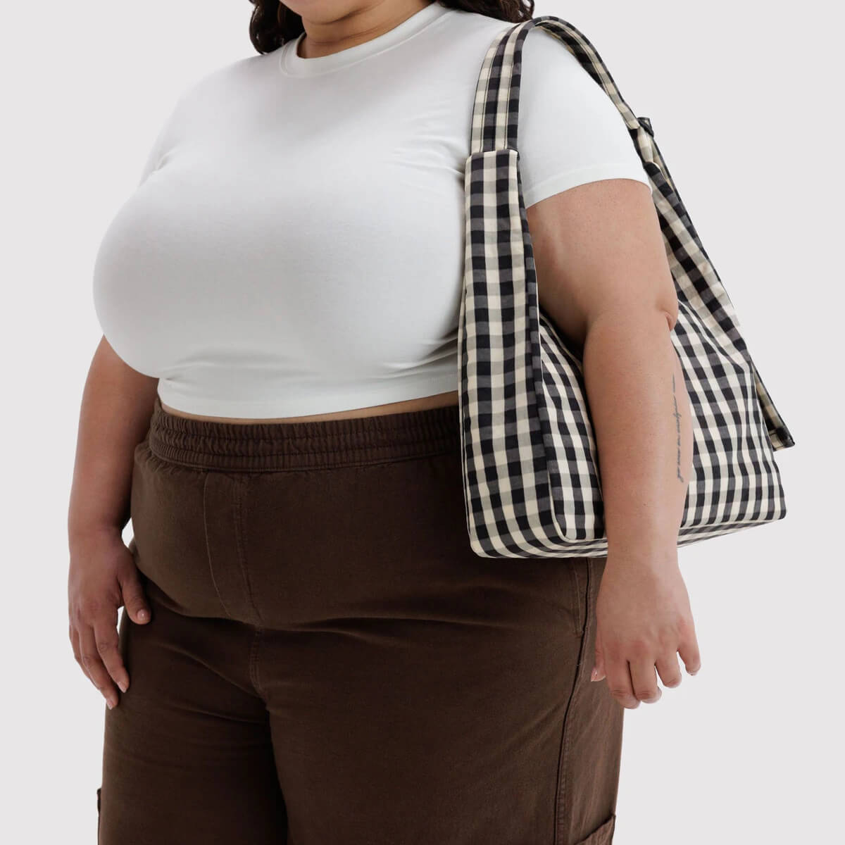 Nylon Shoulder Bag in Black And Cream Gingham by Baggu