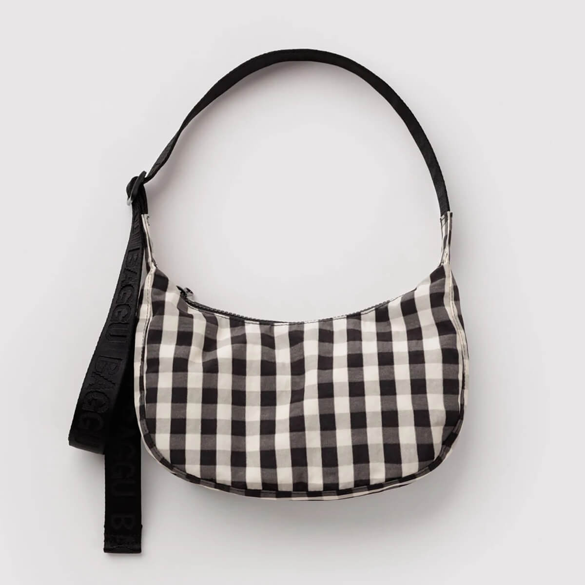 Small Nylon Crescent Bag in Black And Cream Gingham by Baggu