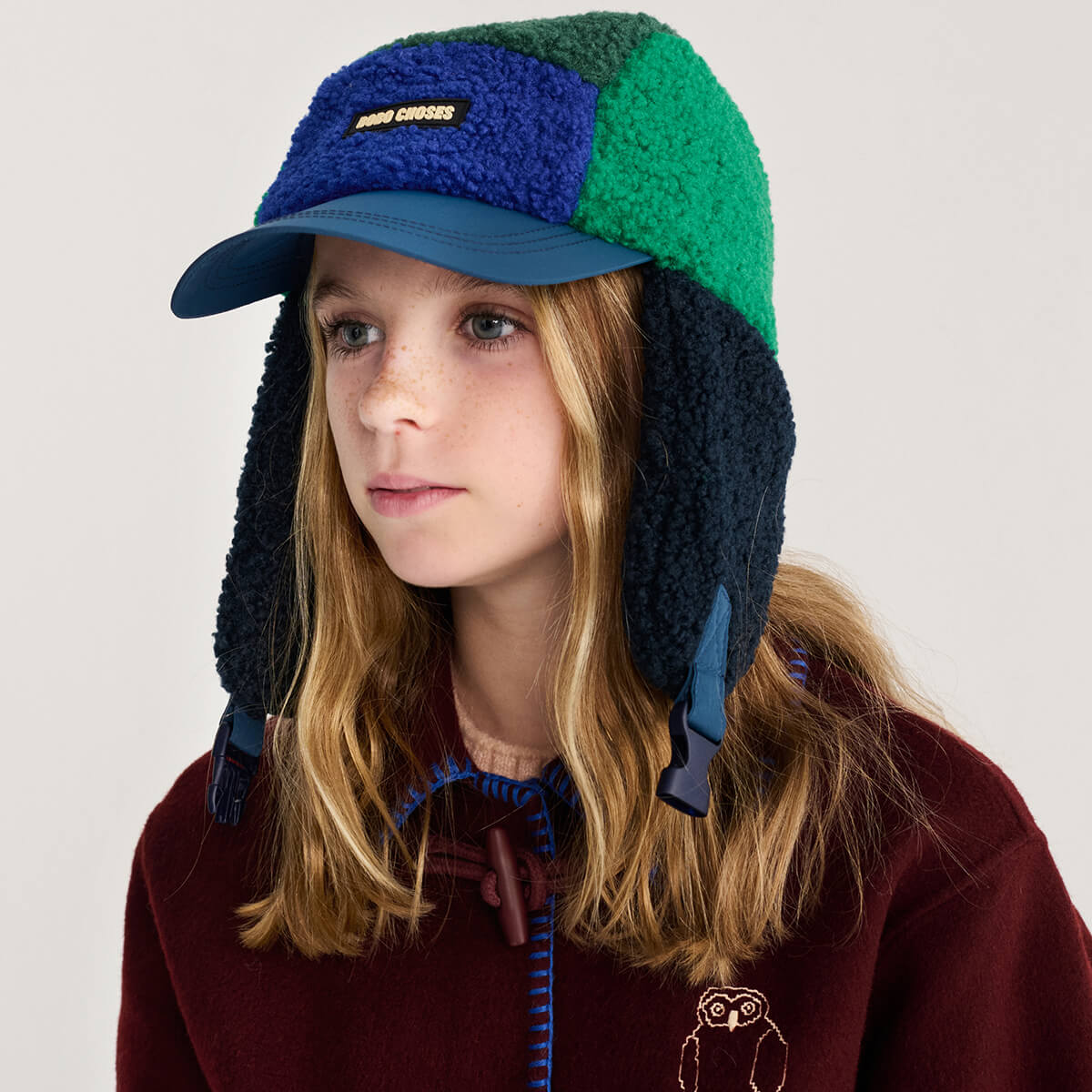 Bobo Choses Color Block Sheepskin Chapka in Navy Blue by Bobo Choses