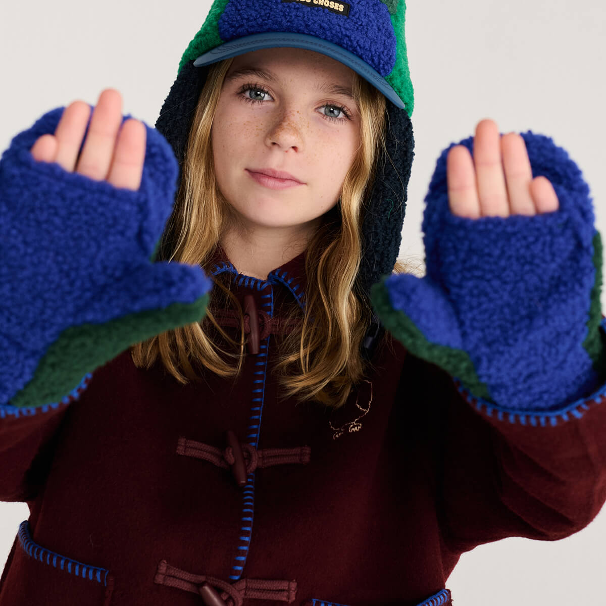 Color Block Sheepskin Mittens in Dark Green by Bobo Choses