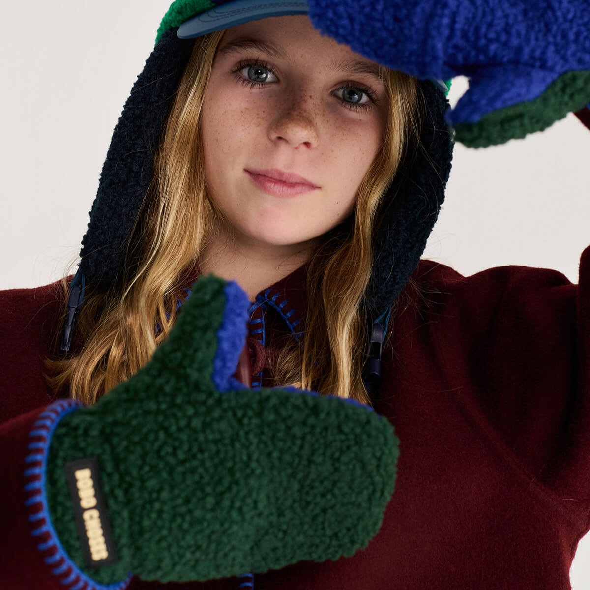 Color Block Sheepskin Mittens in Dark Green by Bobo Choses