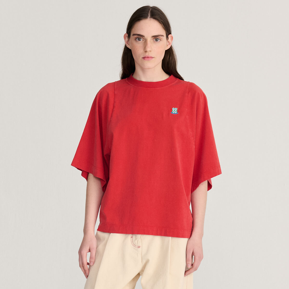 Monster Mug Embroidered T Shirt in Red by Bobo Choses Womenswear