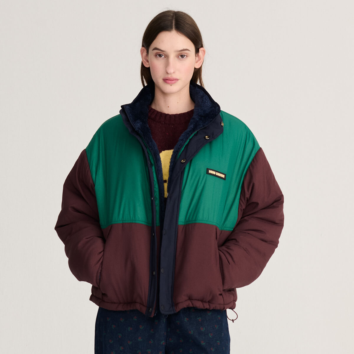Reversible Nylon Sherpa Jacket in Dark Brown by Bobo Choses Womenswear