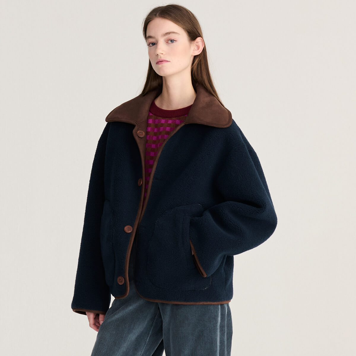 Reversible Sherpa Jacket in Dark Brown by Bobo Choses Womenswear