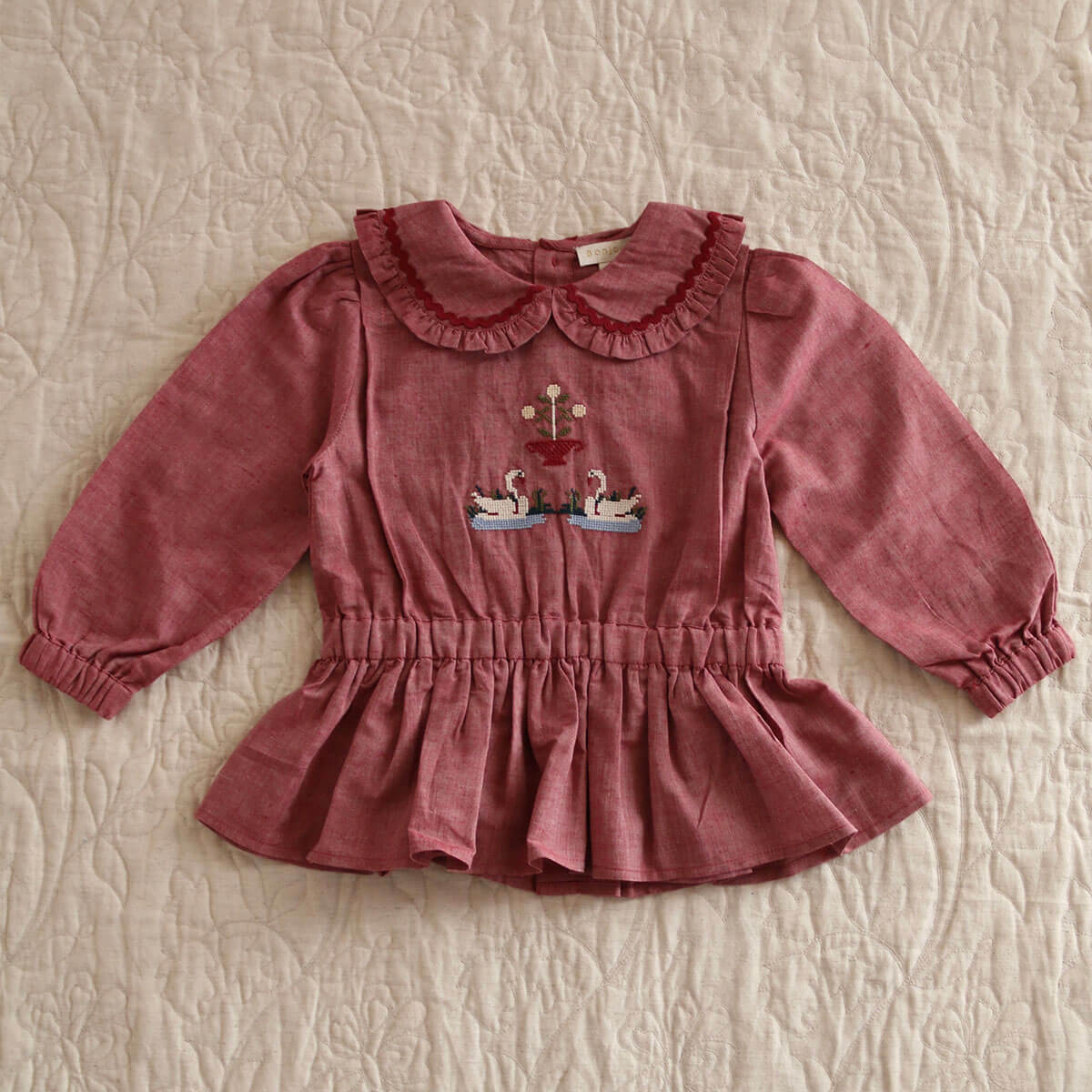Embroidered Blouse in Red Chambray by Bonjour
