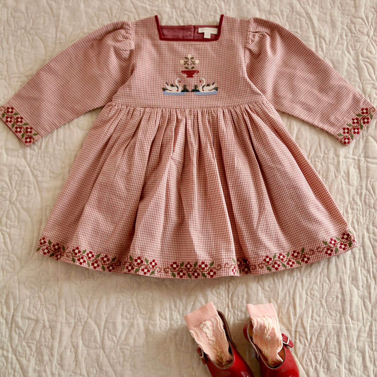 Embroidered Dress in Nude Check by Bonjour