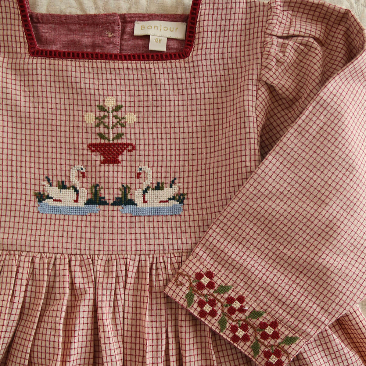 Embroidered Dress in Nude Check by Bonjour