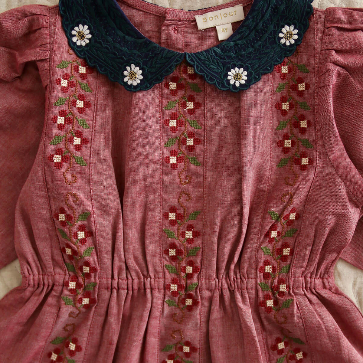 Embroidered Dress in Red Chambray by Bonjour