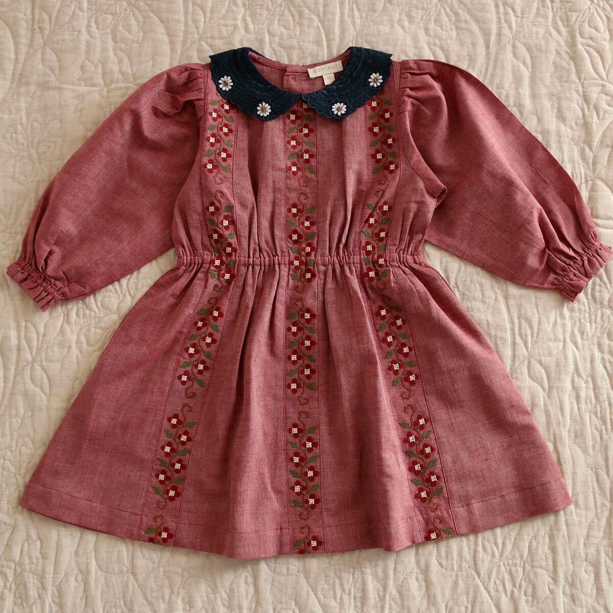 Embroidered Dress in Red Chambray by Bonjour