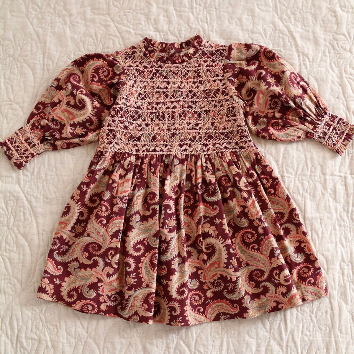Handsmock Dress in Burgundy Cashmere Print by Bonjour