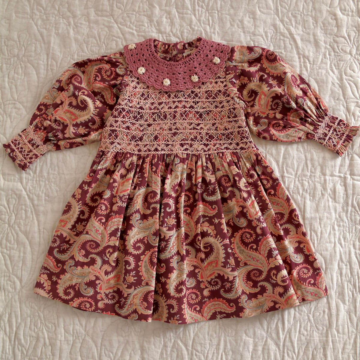 Handsmock Dress in Burgundy Cashmere Print by Bonjour
