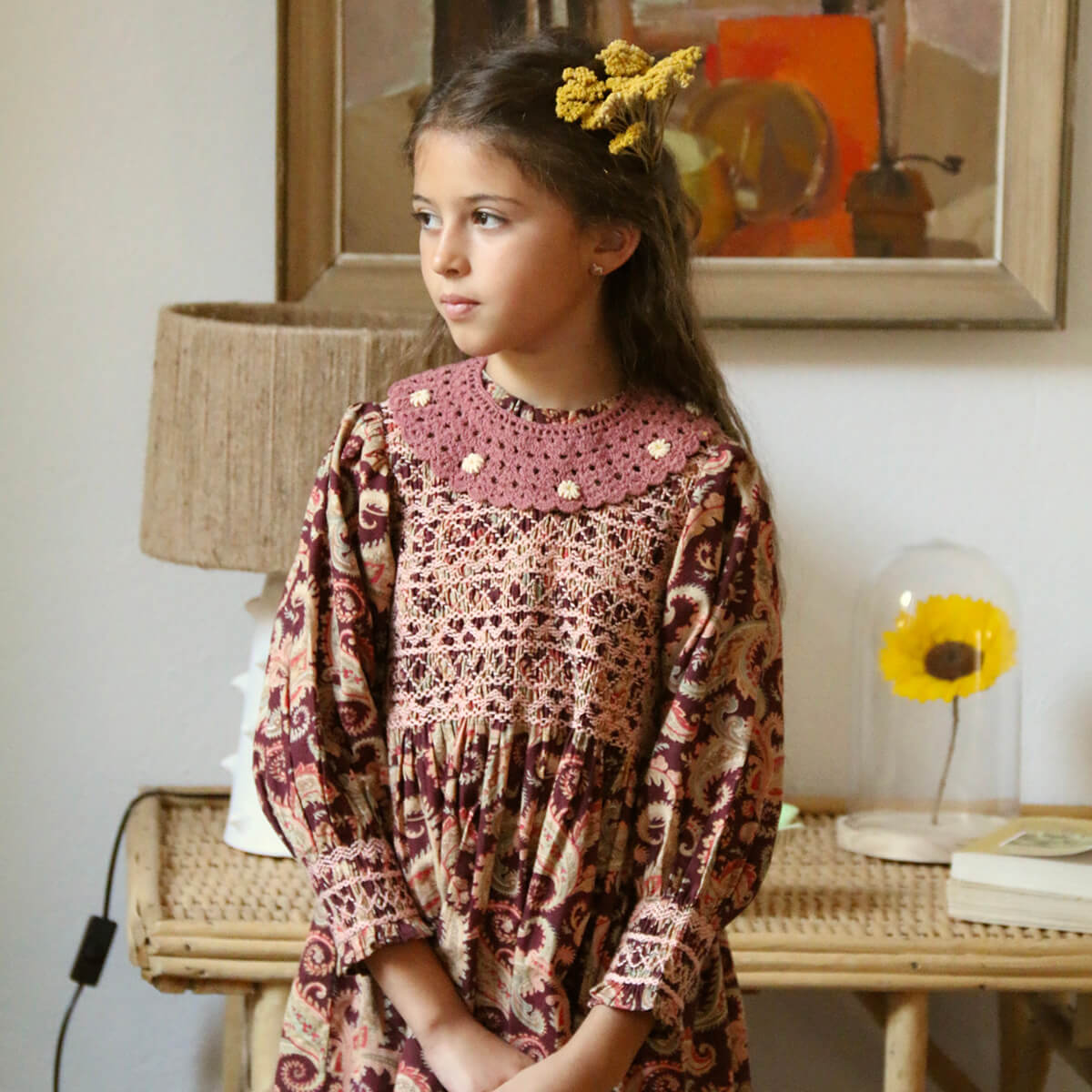 Handsmock Dress in Burgundy Cashmere Print by Bonjour