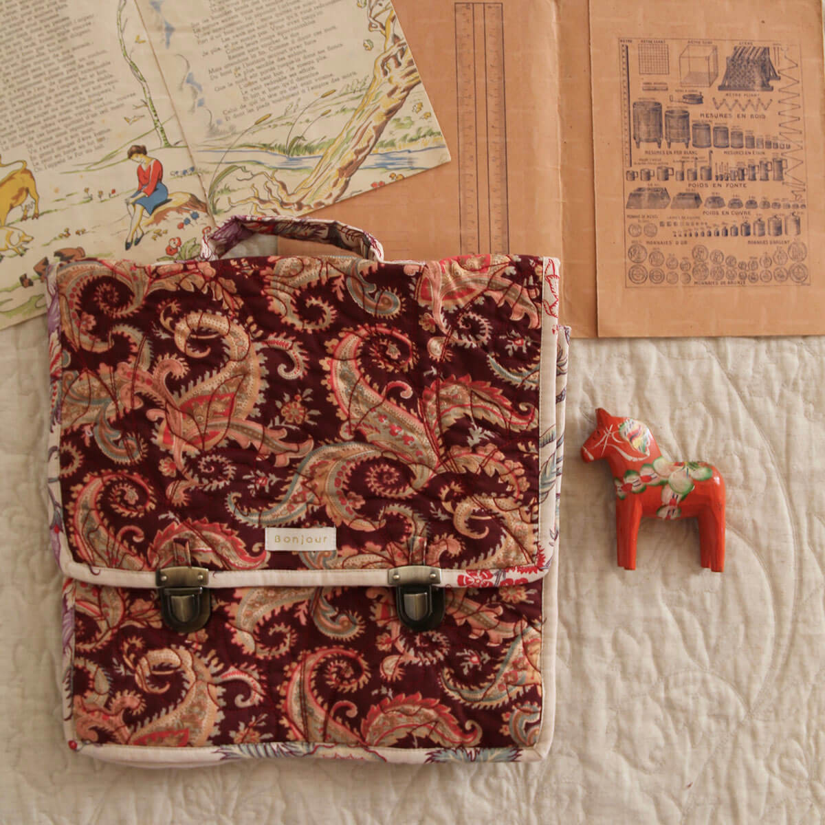 Quilted School Bag in Burgundy Cashmere Print by Bonjour