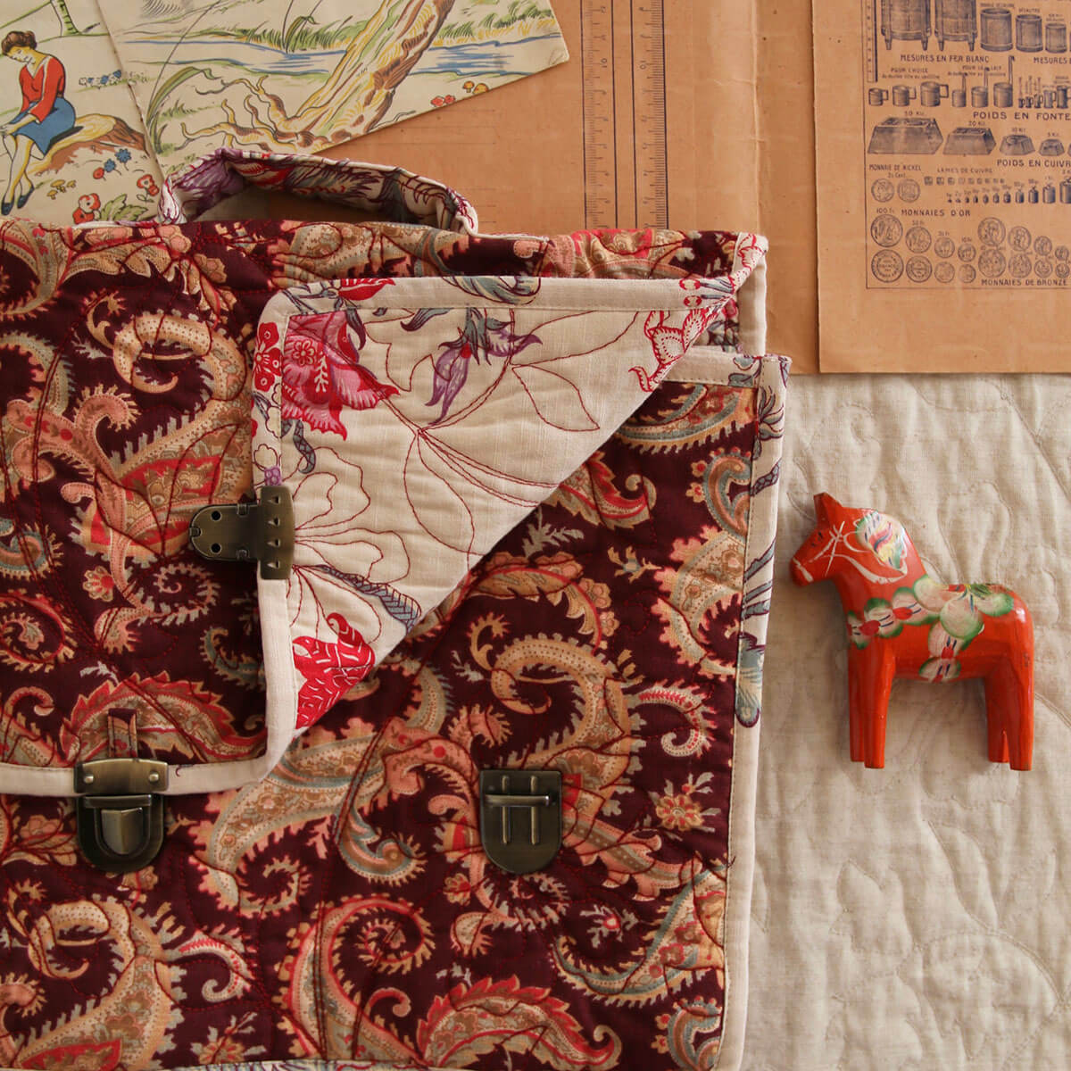 Quilted School Bag in Burgundy Cashmere Print by Bonjour