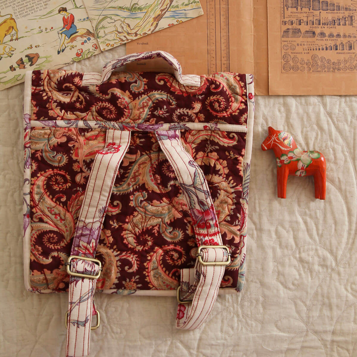 Quilted School Bag in Burgundy Cashmere Print by Bonjour