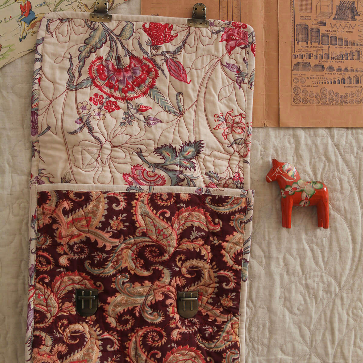 Quilted School Bag in Burgundy Cashmere Print by Bonjour