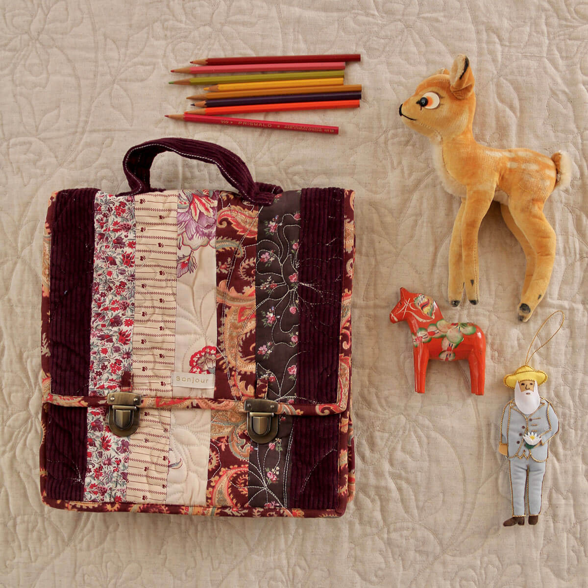 Quilted School Bag in Patchwork Seasonal Prints by Bonjour