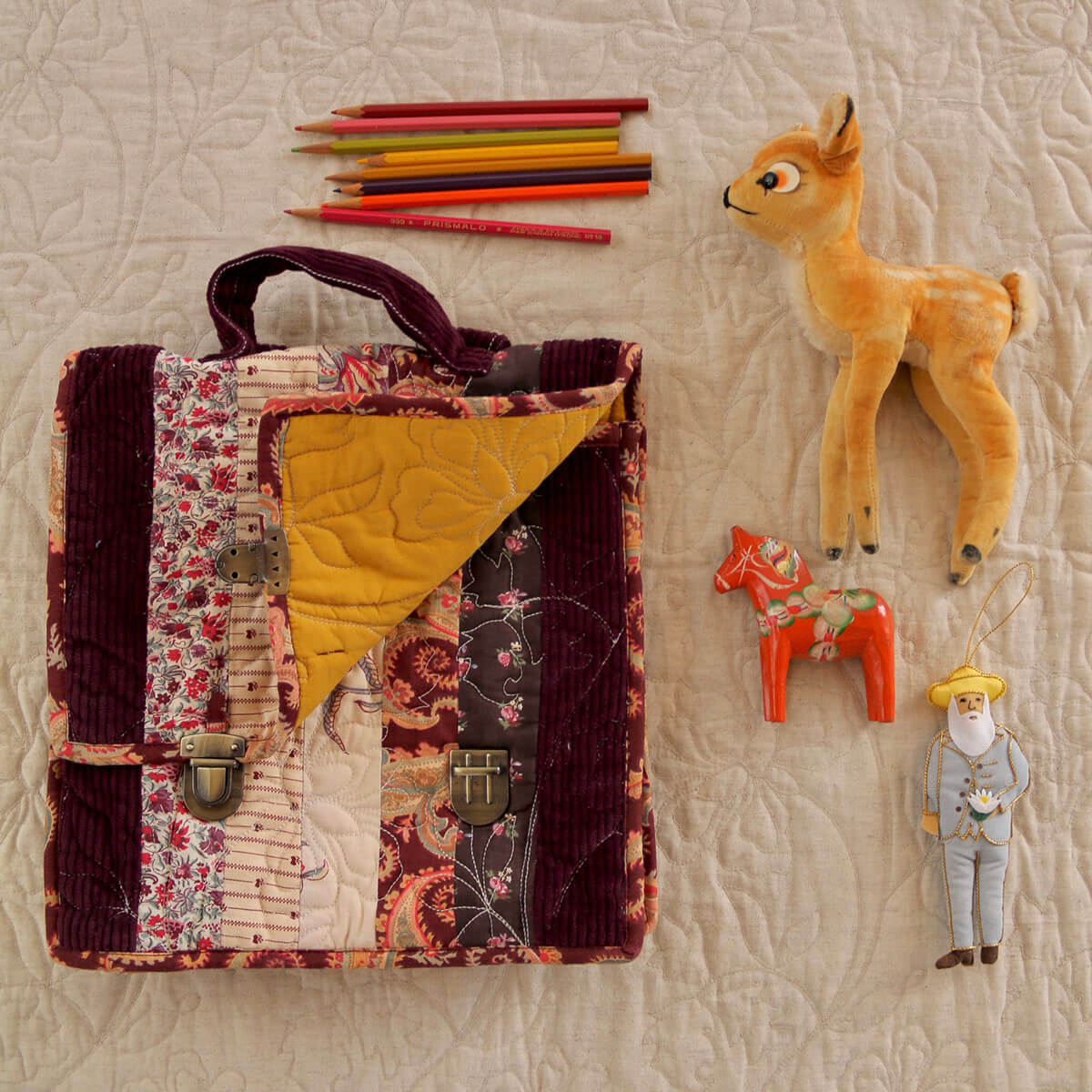 Quilted School Bag in Patchwork Seasonal Prints by Bonjour