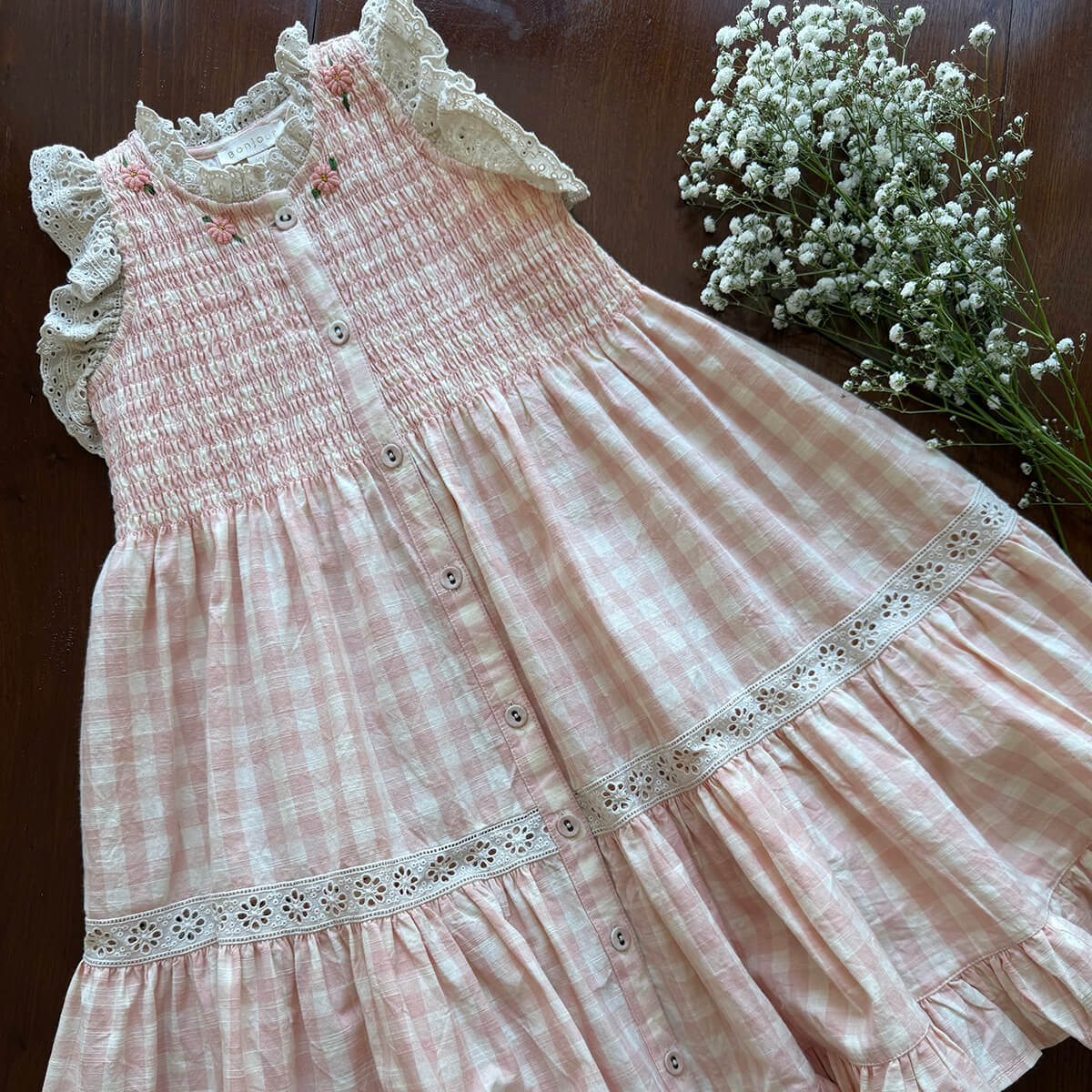 EXCLUSIVE Long Ibiza Dress in Pink Vichy by Bonjour