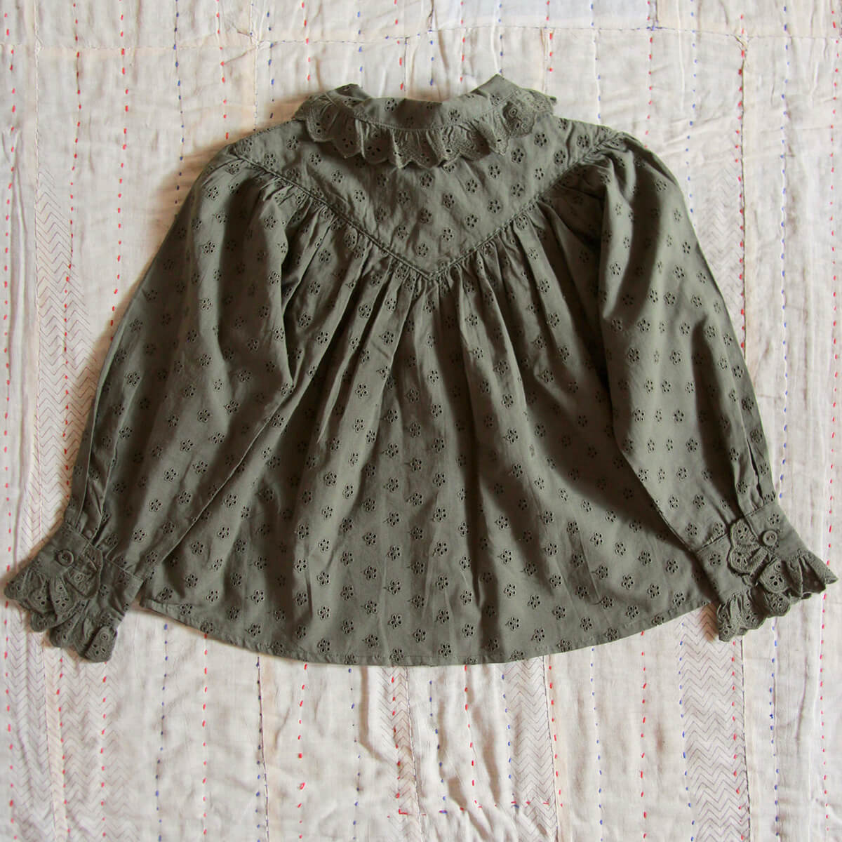 Iris Blouse in Khaki Green Broderie Anglaise by Bonjour