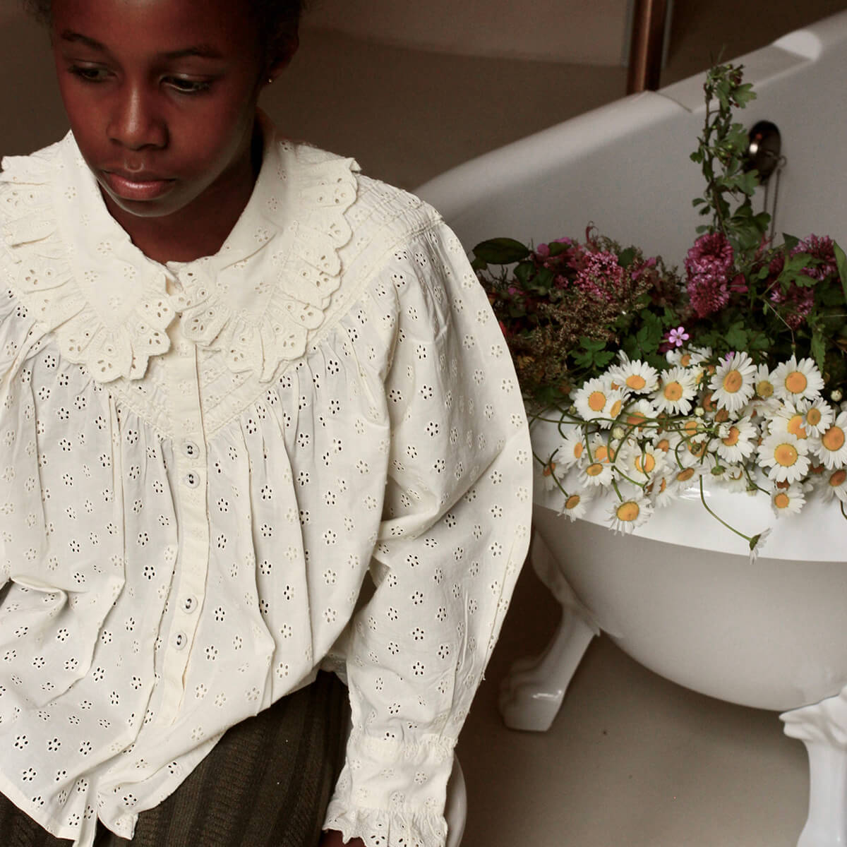 Iris Blouse in Natural Broderie Anglaise by Bonjour