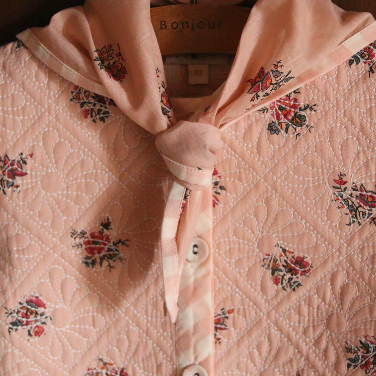 Dress Coat With Scarf in Pink Garden Flowers Print Denim by Bonjour