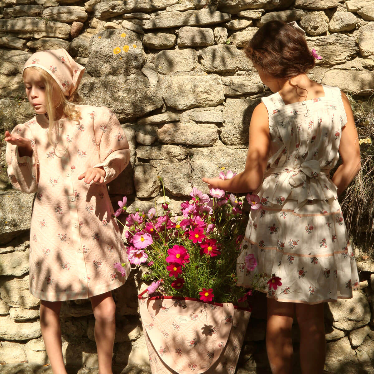 Dress Coat With Scarf in Pink Garden Flowers Print Denim by Bonjour