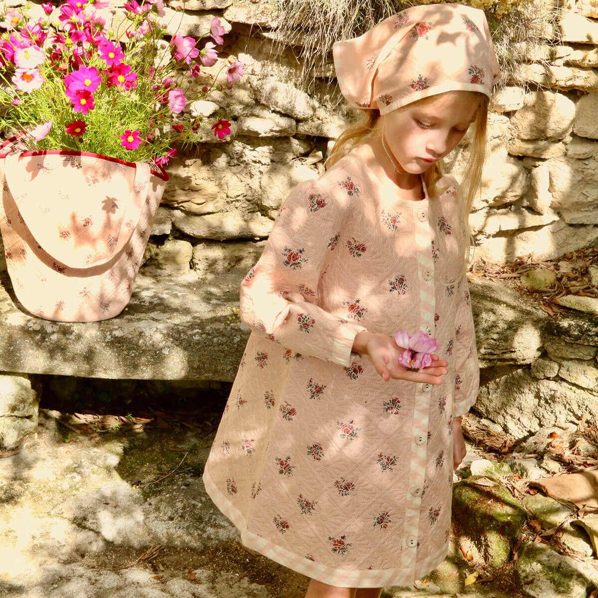 Dress Coat With Scarf in Pink Garden Flowers Print Denim by Bonjour