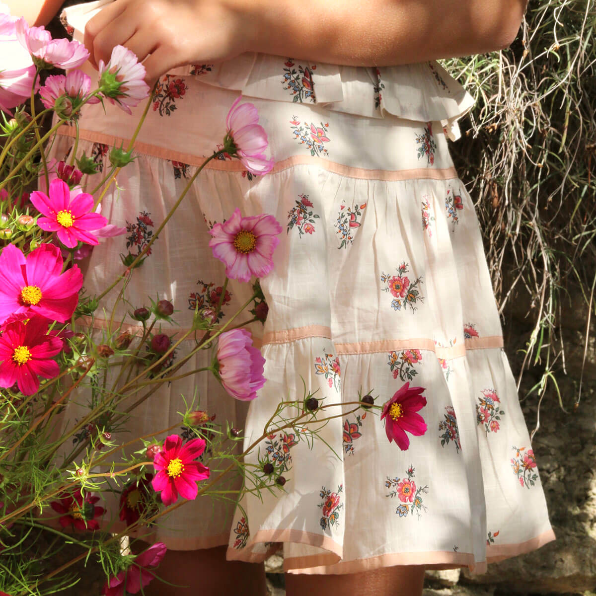 Flounce Skirt With Hair Clip in Garden Flowers Print by Bonjour