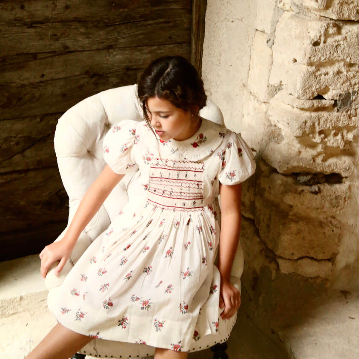 Handsmock Apron Dress in Garden Flowers Print by Bonjour