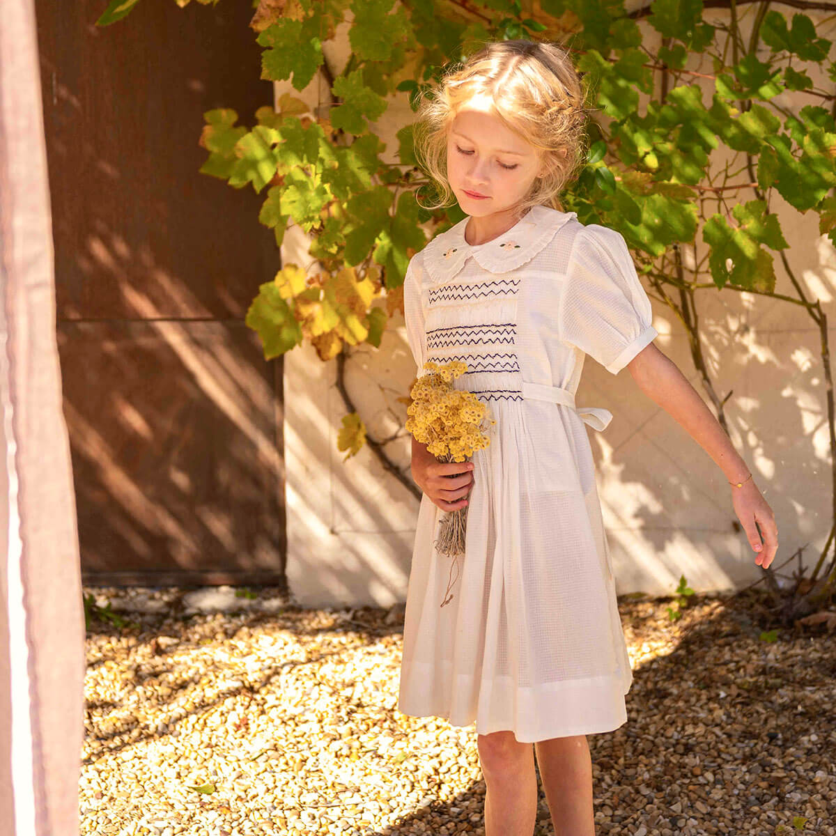 Handsmock Apron Dress in Natural Check by Bonjour