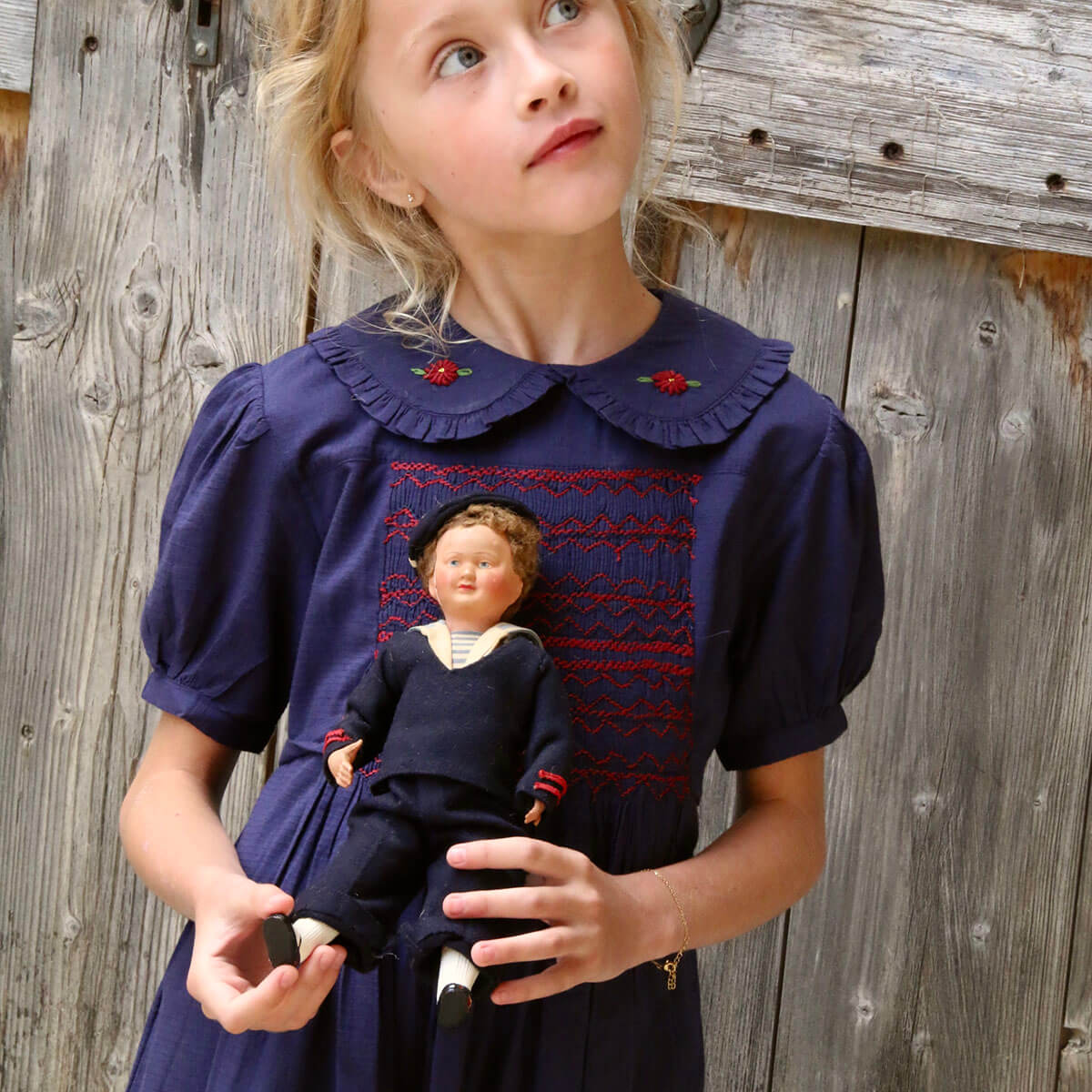 Handsmock Apron Dress in Navy Check by Bonjour