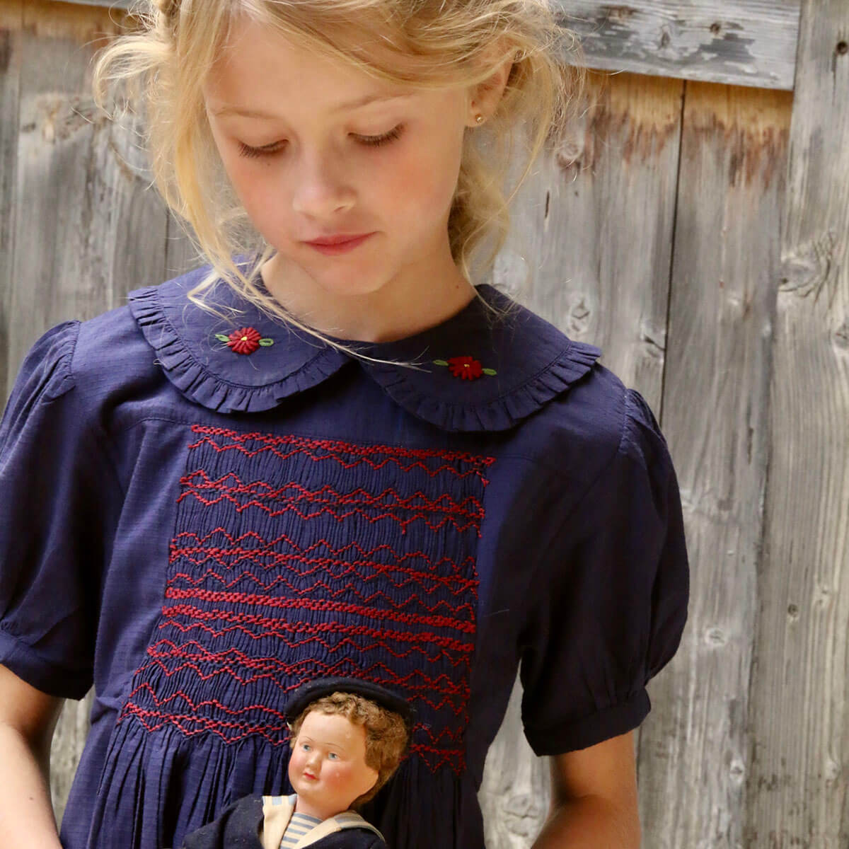 Handsmock Apron Dress in Navy Check by Bonjour