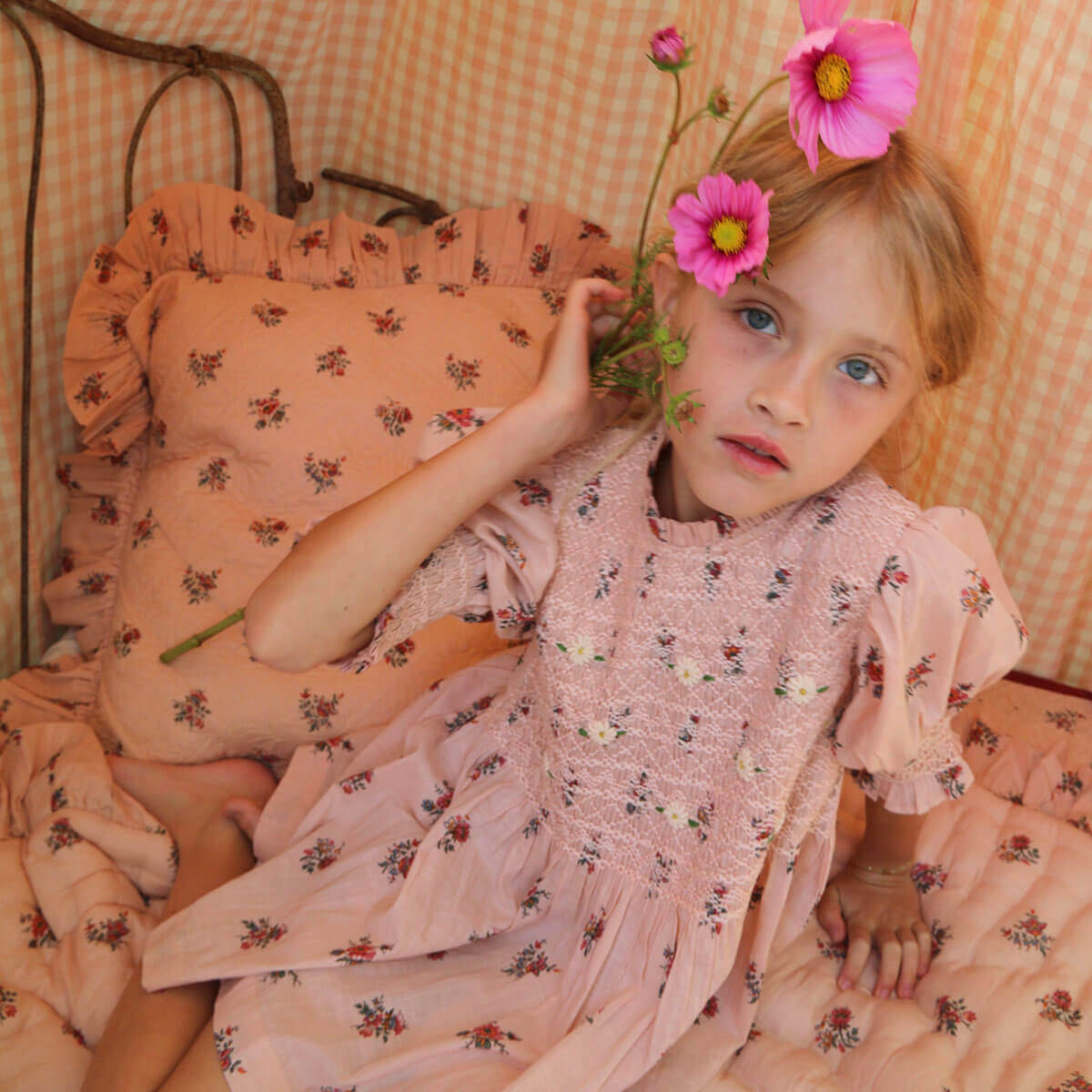 Handsmock Blouse in Pink Garden Flowers Print by Bonjour