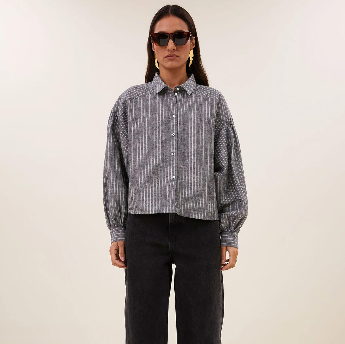 Sarah Short Thin Stripe Blouse in Ash Grey by By-Bar