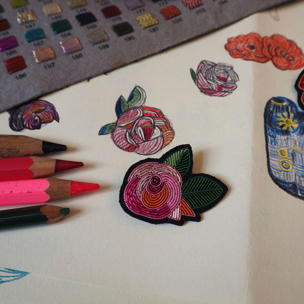 August's Rose Hand Embroidered Brooch by Macon & Lesquoy