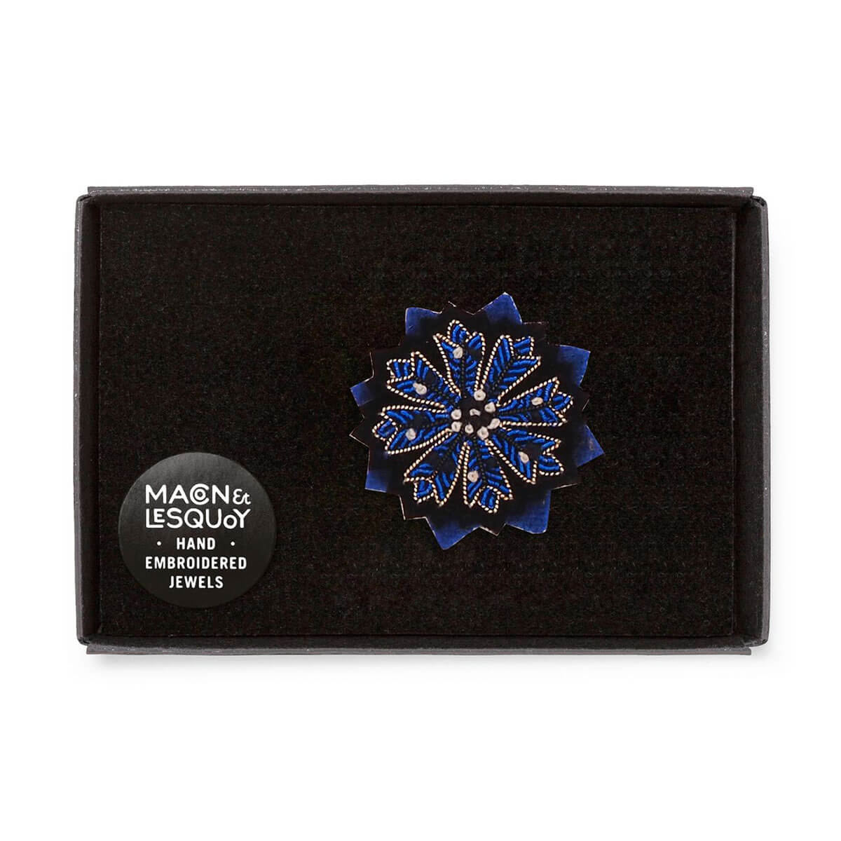 Blue & Black Cornflower Hand Embroidered Brooch by Macon & Lesquoy