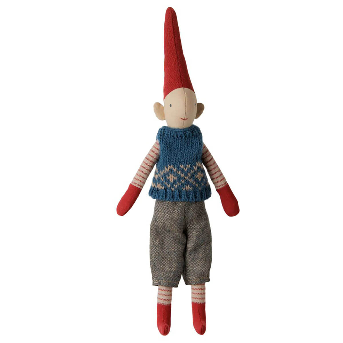 Climbing Pixy in 4 Characters (Size 1 26cm) by Maileg Boy in Blue Knitted Vest
