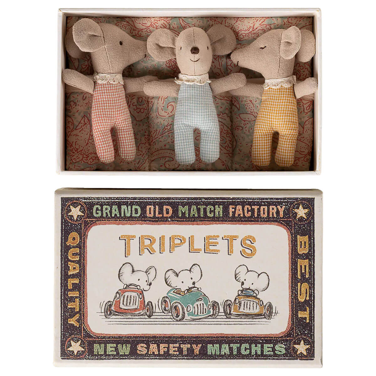 Baby Mice Triplets in a Matchbox in Checker by Maileg