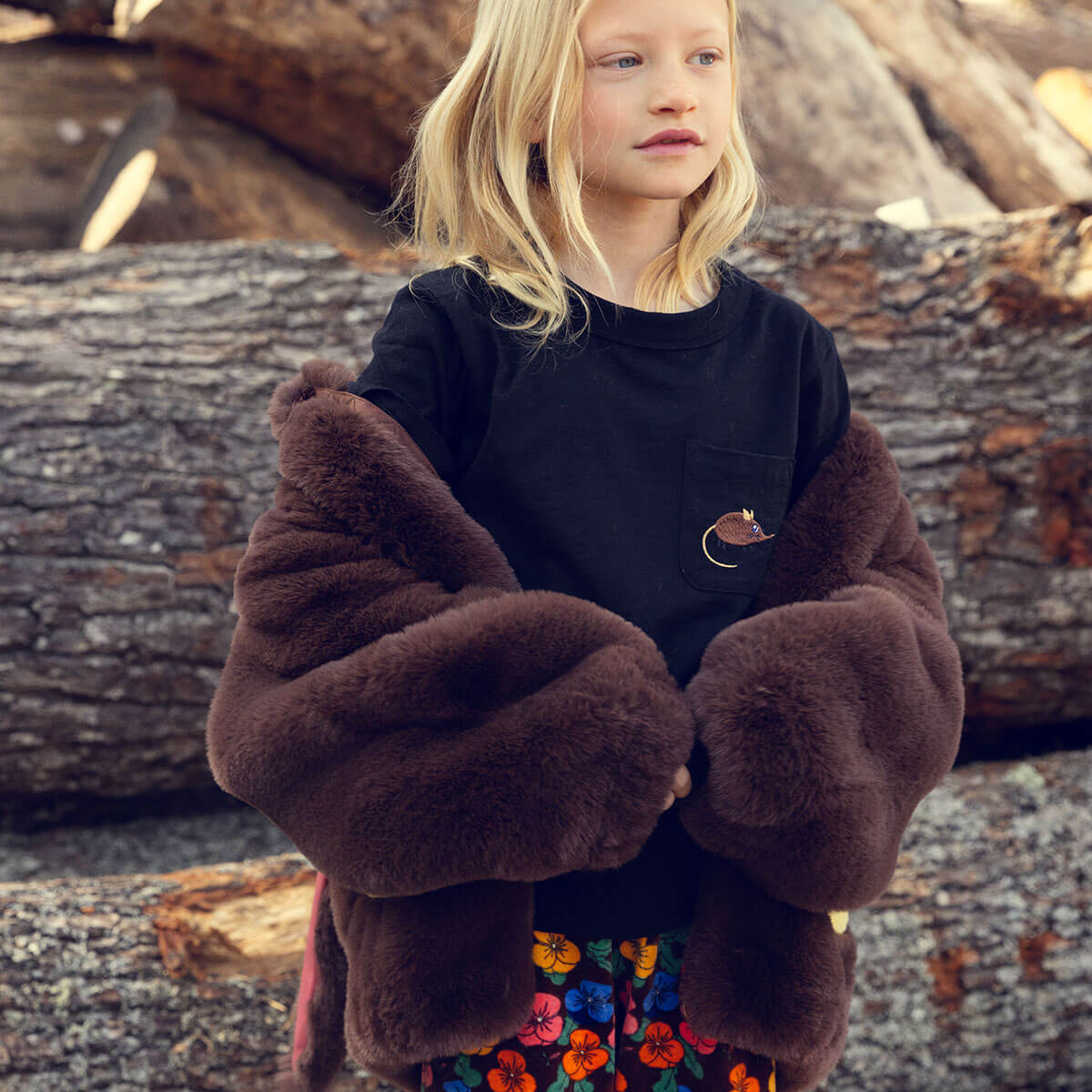 Elephant Shrew Embroidered Tee in Black by Mini Rodini