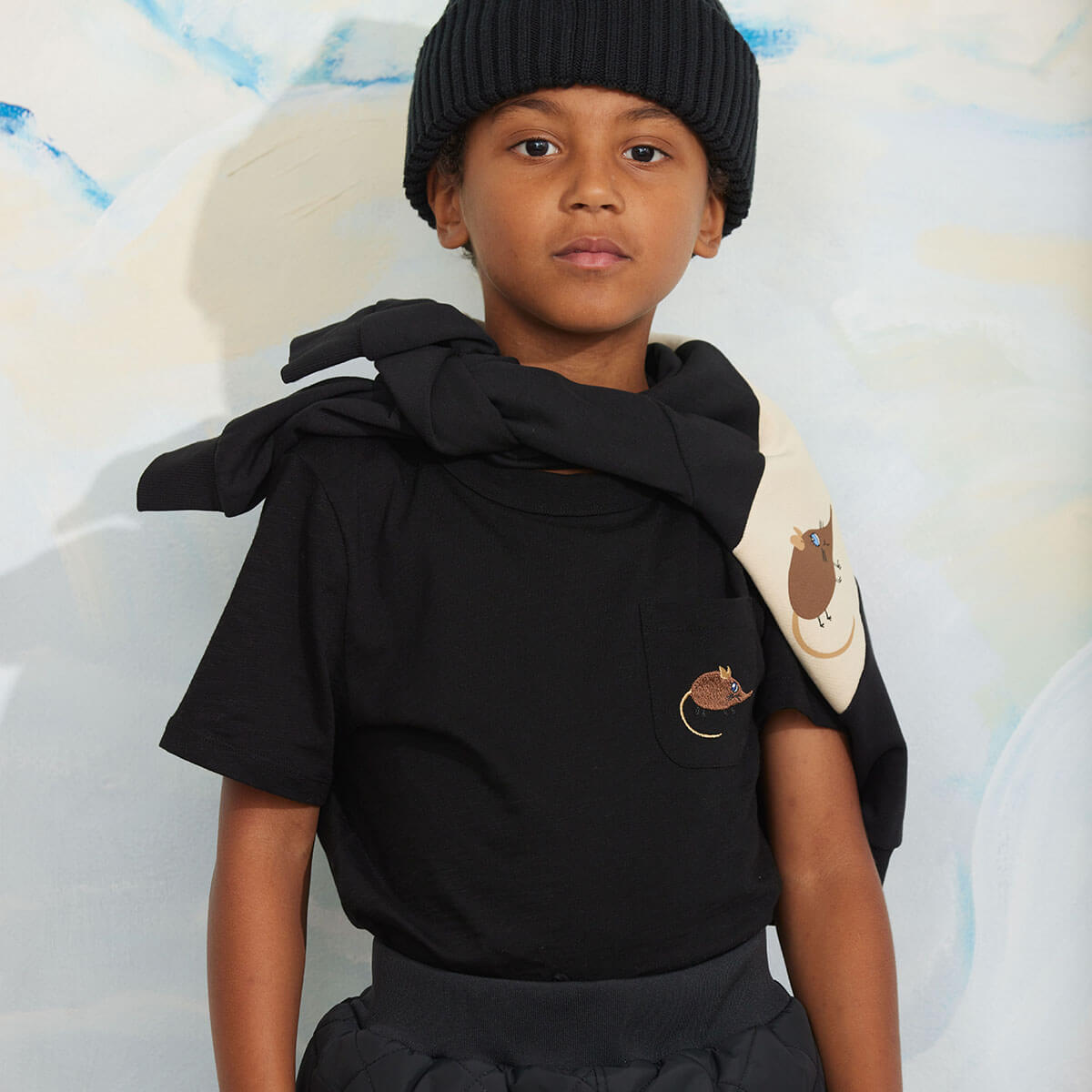 Elephant Shrew Embroidered Tee in Black by Mini Rodini