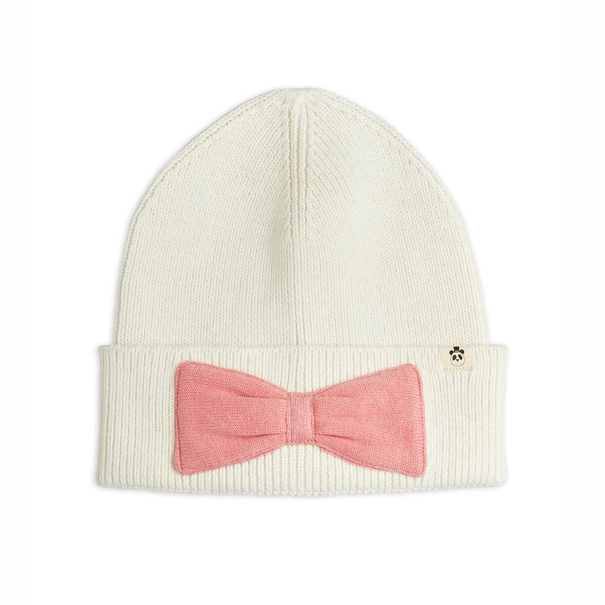 Knitted Bow Beanie in Off White by Mini Rodini