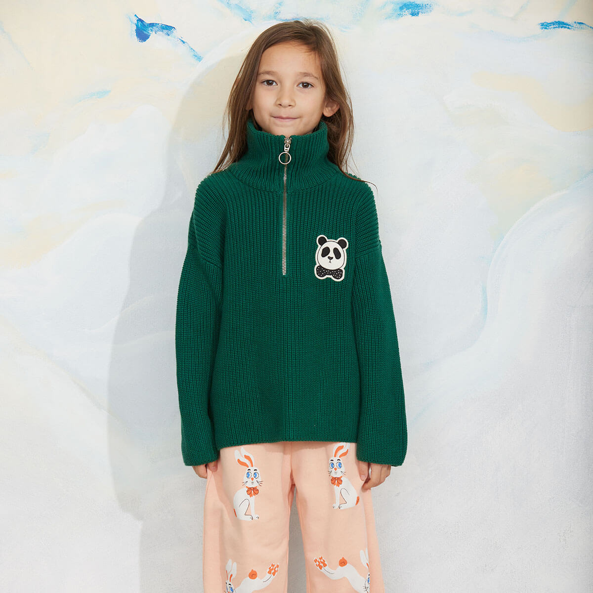 Panda Patch Chunky Knit Half Zip Sweater in Green by Mini Rodini