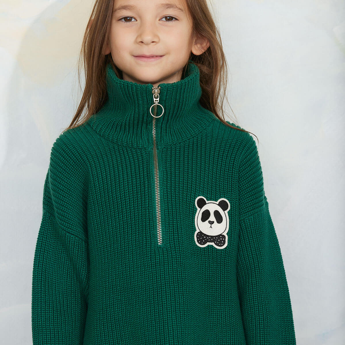 Panda Patch Chunky Knit Half Zip Sweater in Green by Mini Rodini