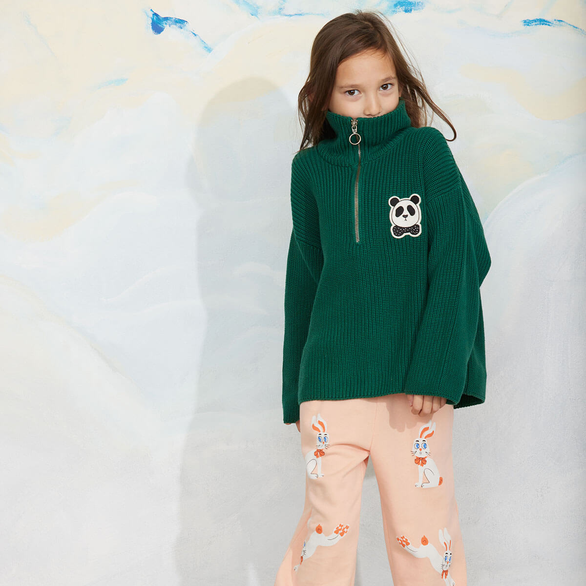 Panda Patch Chunky Knit Half Zip Sweater in Green by Mini Rodini
